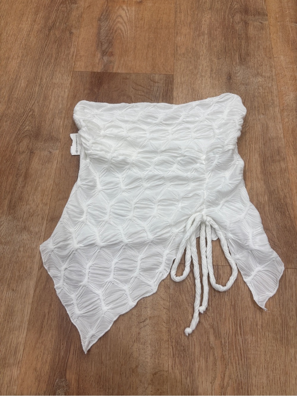 See You Monday White Textured Strapless Crop Top with Side Drawstrings